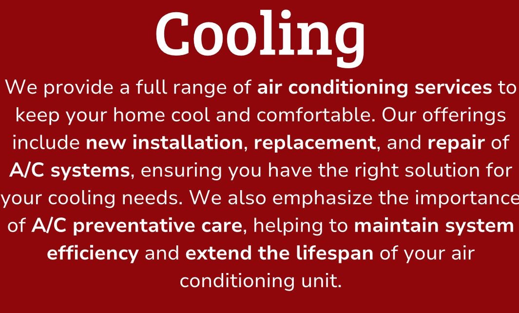 Text detailing air conditioning services including installation, replacement, repair, and preventative care.