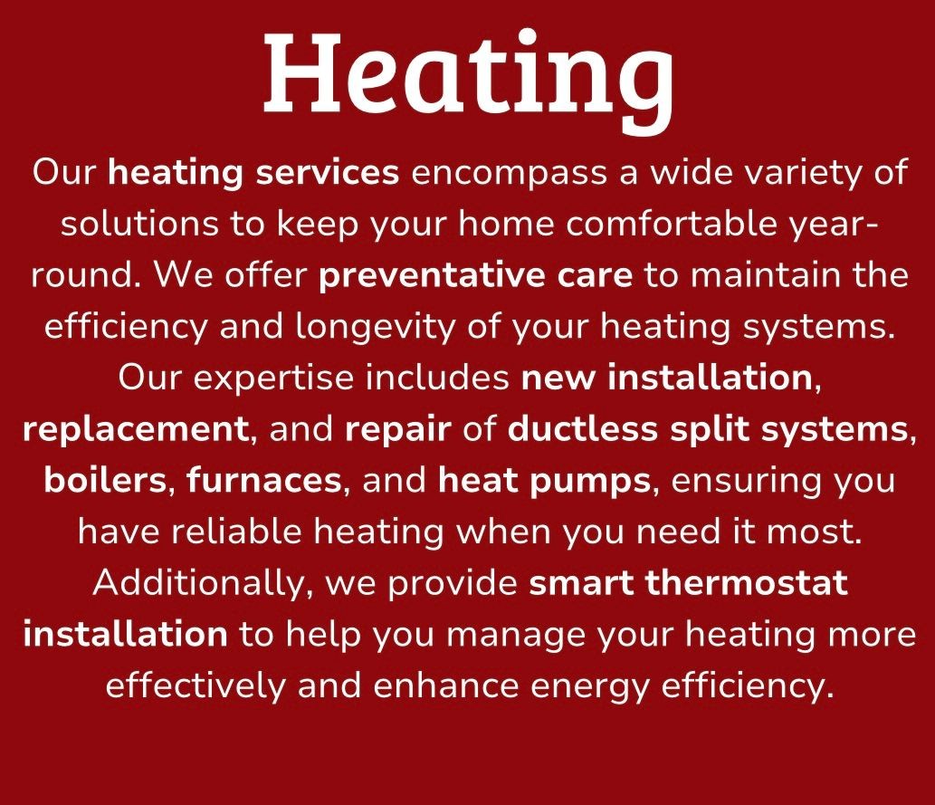 Text on a red background describing heating services including installation, repair, and smart thermostat installation.